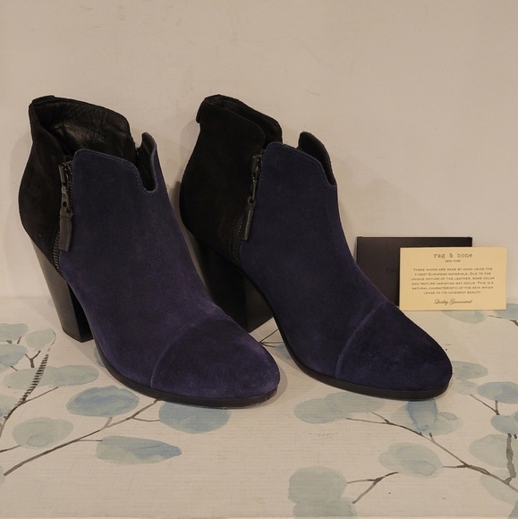 Rag and Bone Margot blue black suede heeled ankle bootie 38.5 EU or 7.5 US